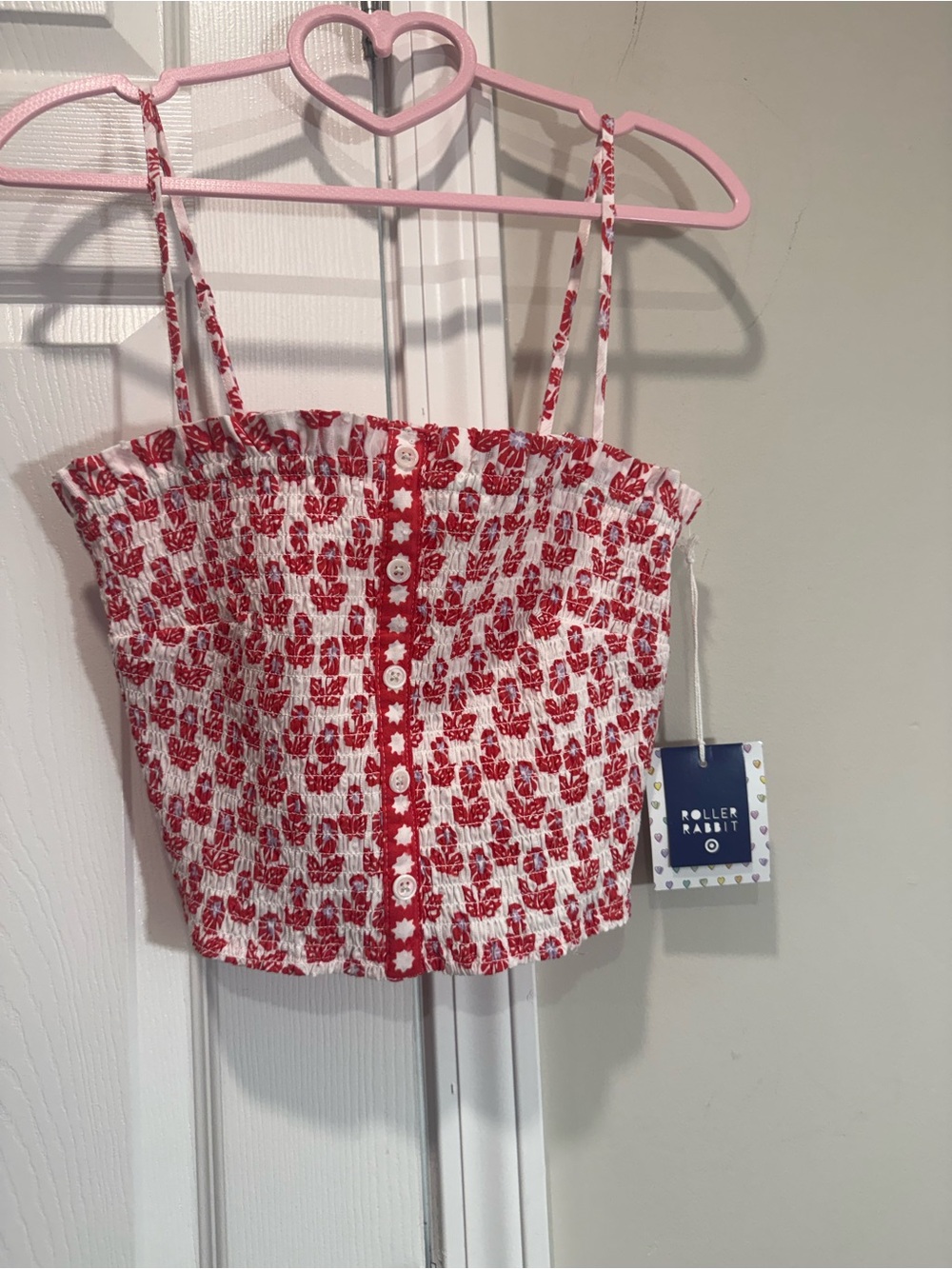 Roller Rabbit Red White Floral Smocked Crop Top Cami Tank NWT S